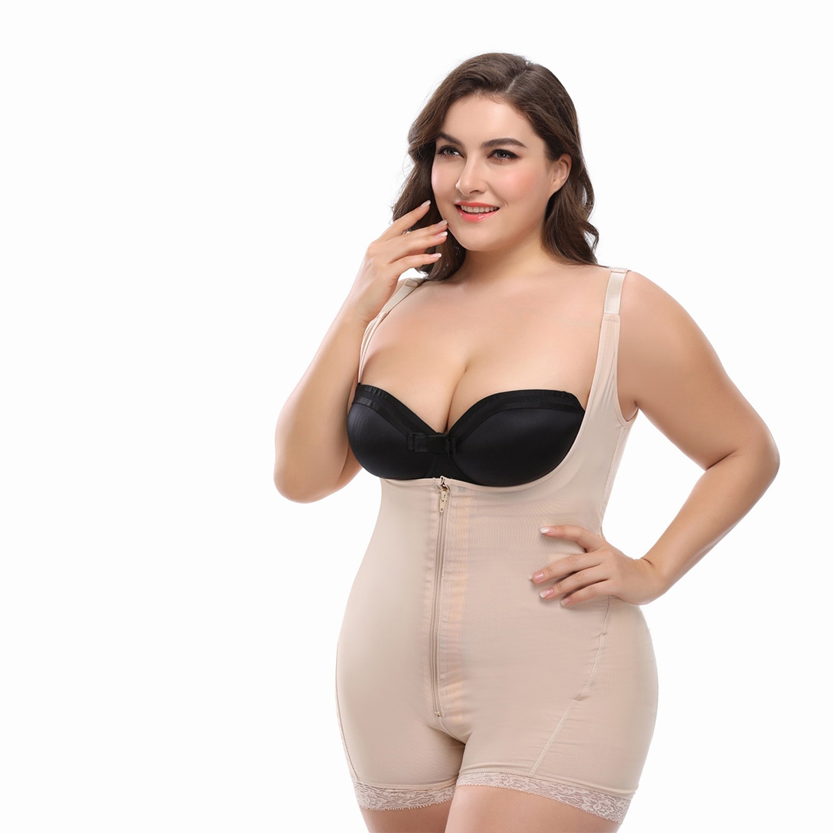 Image of Plus Lace Trim Zip-up Shapewear Bodysuit