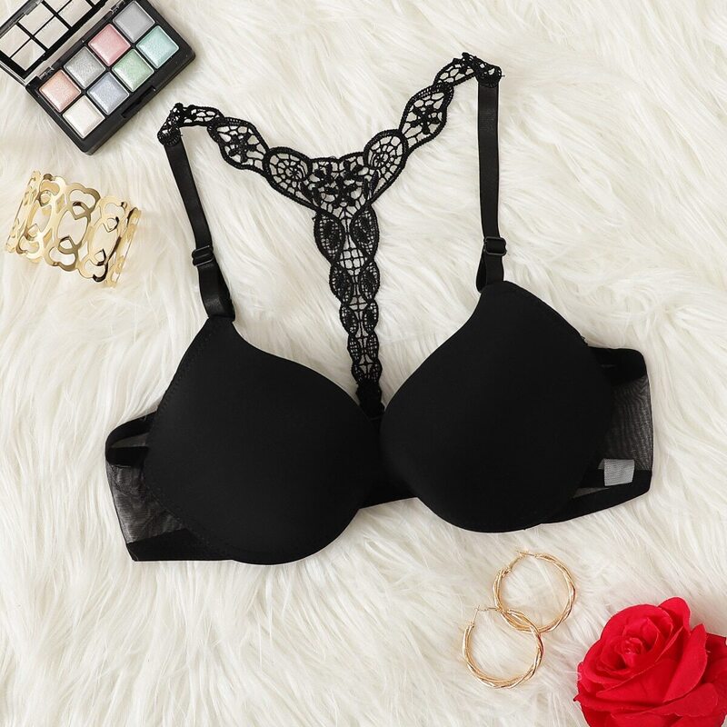 

Contrast Mesh Crochet Back Bra, Black