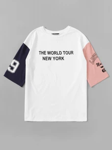 SHEIN EZwear Slogan Graphic Color Block Tee THE WORLD TOUR NEW YORK - Multicolor - View 4