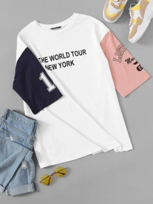 SHEIN EZwear Slogan Graphic Color Block Tee THE WORLD TOUR NEW YORK - Multicolor - View 1