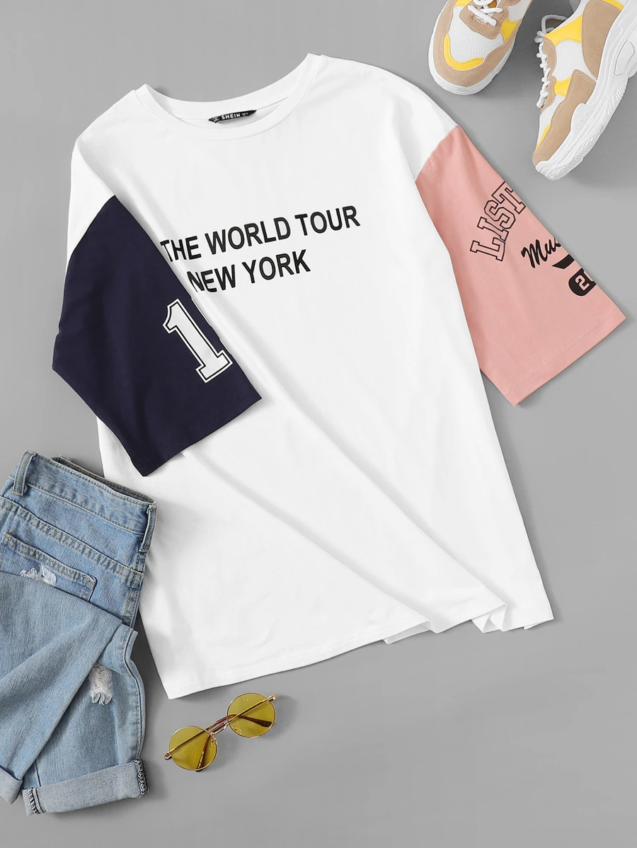 SHEIN EZwear Slogan Graphic Color Block Tee THE WORLD TOUR NEW YORK - Multicolor - View 1