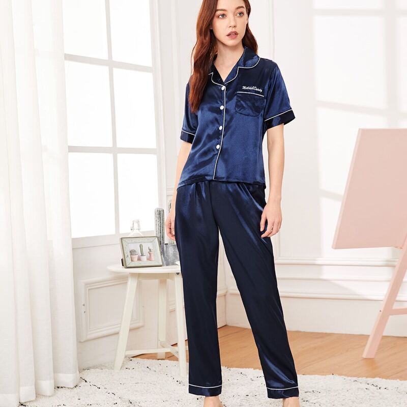 

Letter Embroidered Satin Pajama Set, Navy