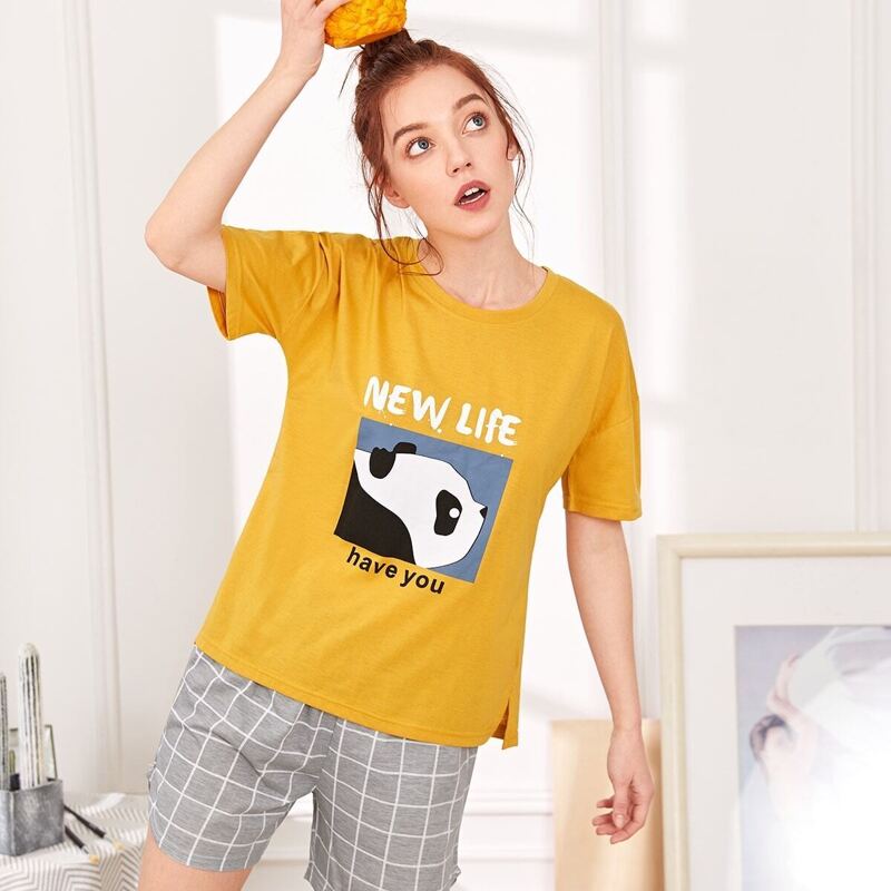 

Panda & Letter Print Plaid Pajama Set, Multicolor