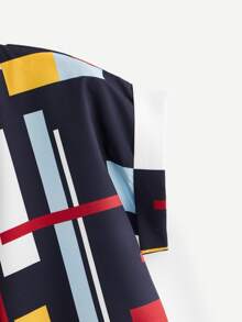 Abstract Colorblock Split Neck Top - Multicolor - View 3