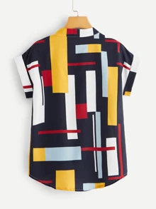 Abstract Colorblock Split Neck Top - Multicolor - View 2