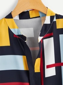 Abstract Colorblock Split Neck Top - Multicolor - View 4