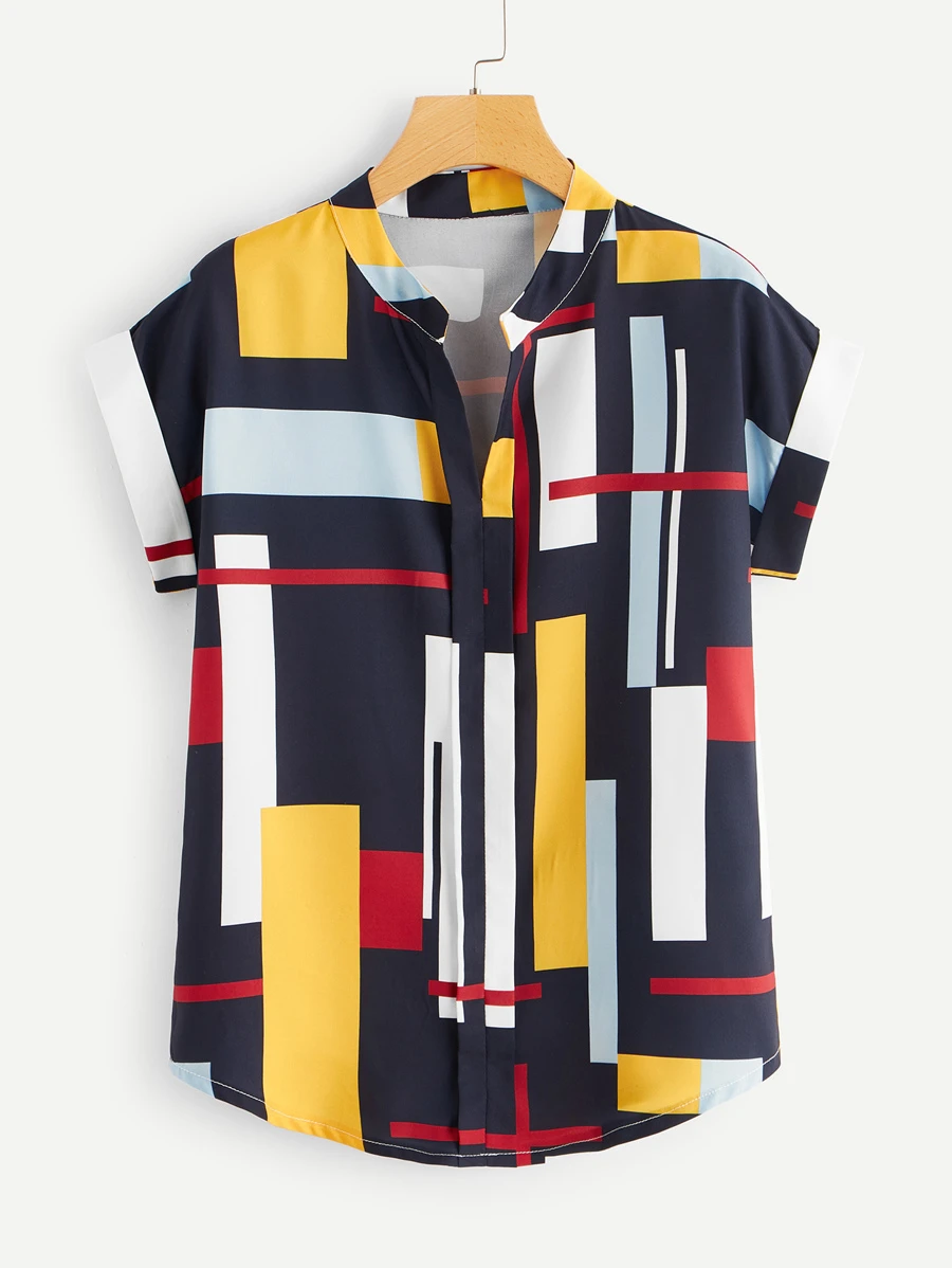 Abstract Colorblock Split Neck Top - Multicolor - View 1