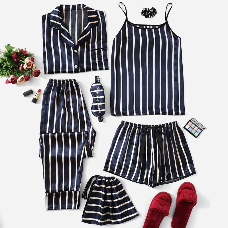 

7pcs Satin Striped Cami PJ Set With Shirt, Multicolor