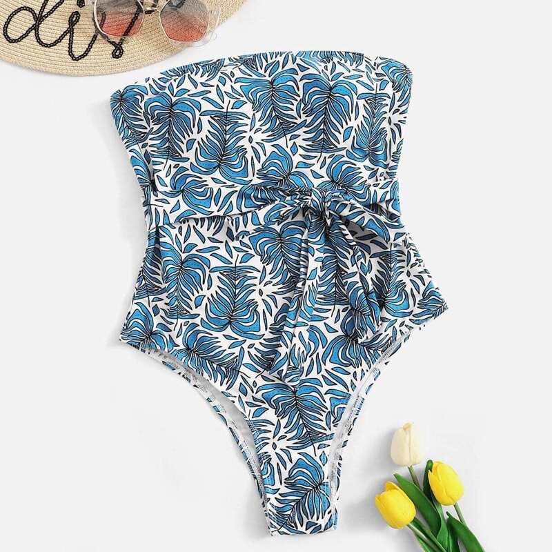 

Random Leaf Print Belted Tube One Piece Swimwear, Multicolor