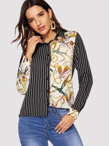 Contrast Stripe And Chain Print Button Through Blouse