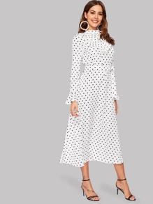Polka Dot Ruffle Trim Belted Dress
