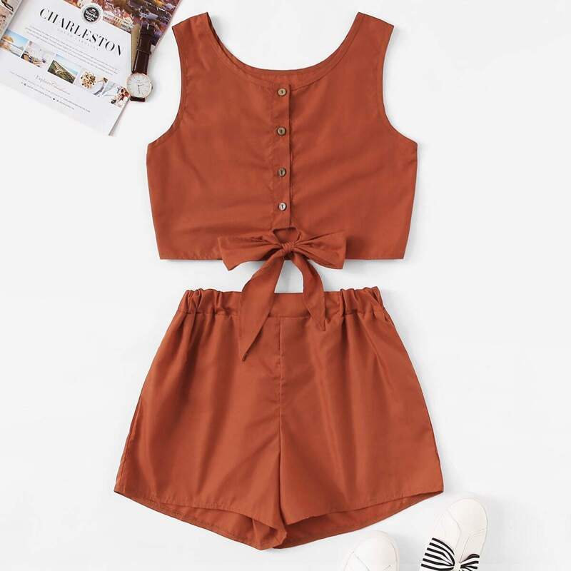 

Button Through Knot Hem Top With Shorts, Brown red
