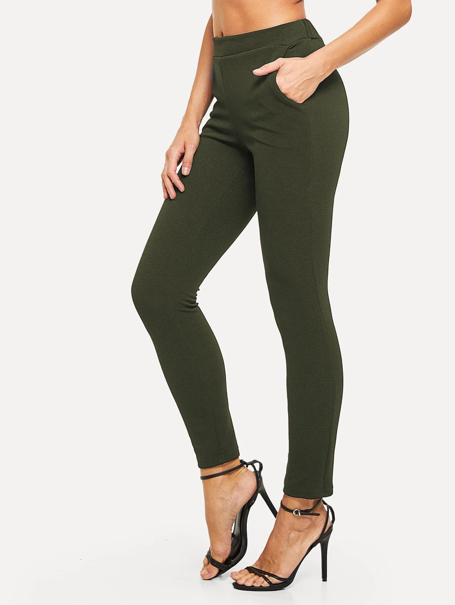 SHEIN Essnce Slant Pocket Skinny Pants - Army Green - View 1
