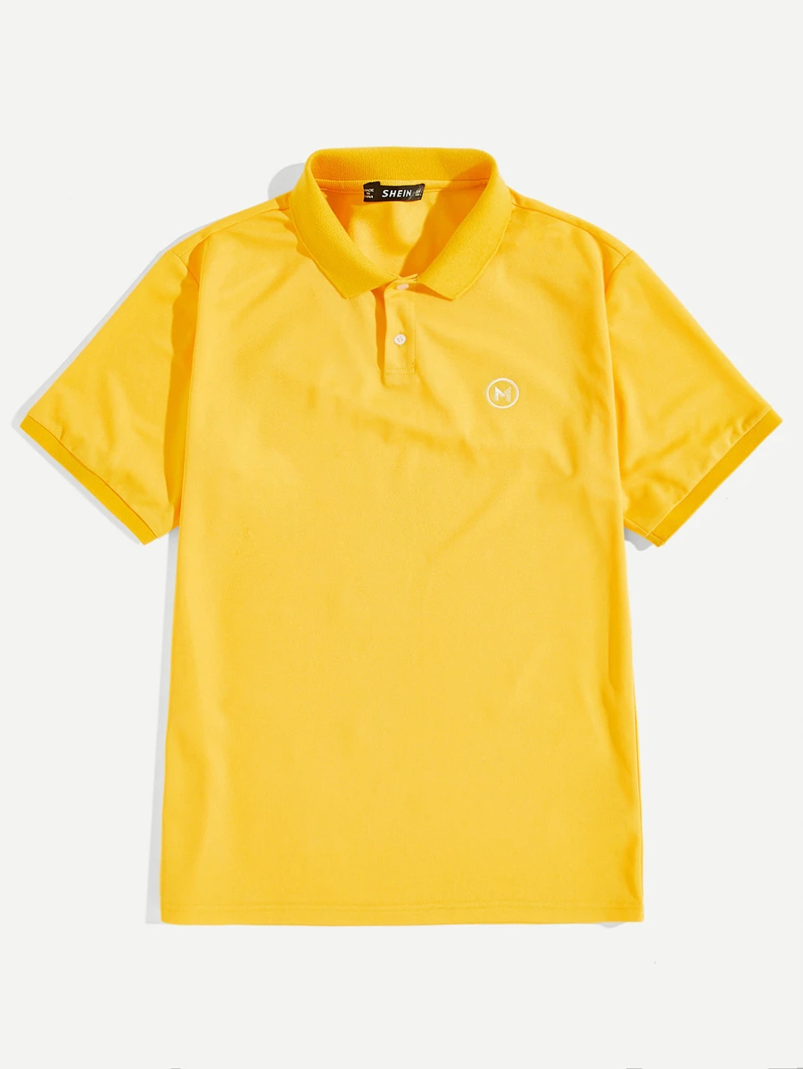 Manfinity Blusa polo de hombres con botón medio con botón con bordado de letra y círculo - Mostaza Amarilla - Ver 1