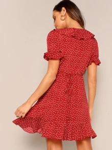 SHEIN Heart Print Ruffle Wrap Dress