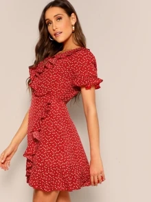SHEIN Heart Print Ruffle Wrap Dress
