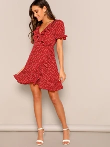 SHEIN Heart Print Ruffle Wrap Dress