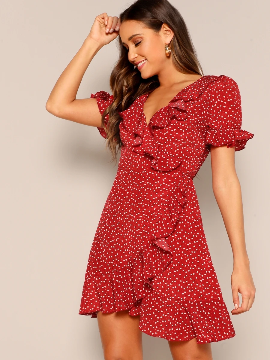 SHEIN Heart Print Ruffle Wrap Dress