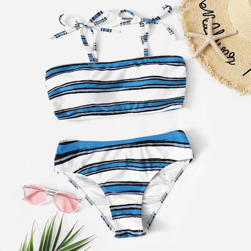 

Striped Tie Shoulder Top With Panty Bikini, Multicolor
