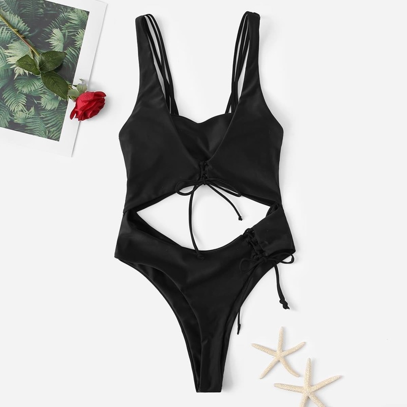 

Lace-up Cut-out Low Back One Piece Swimwear, Black