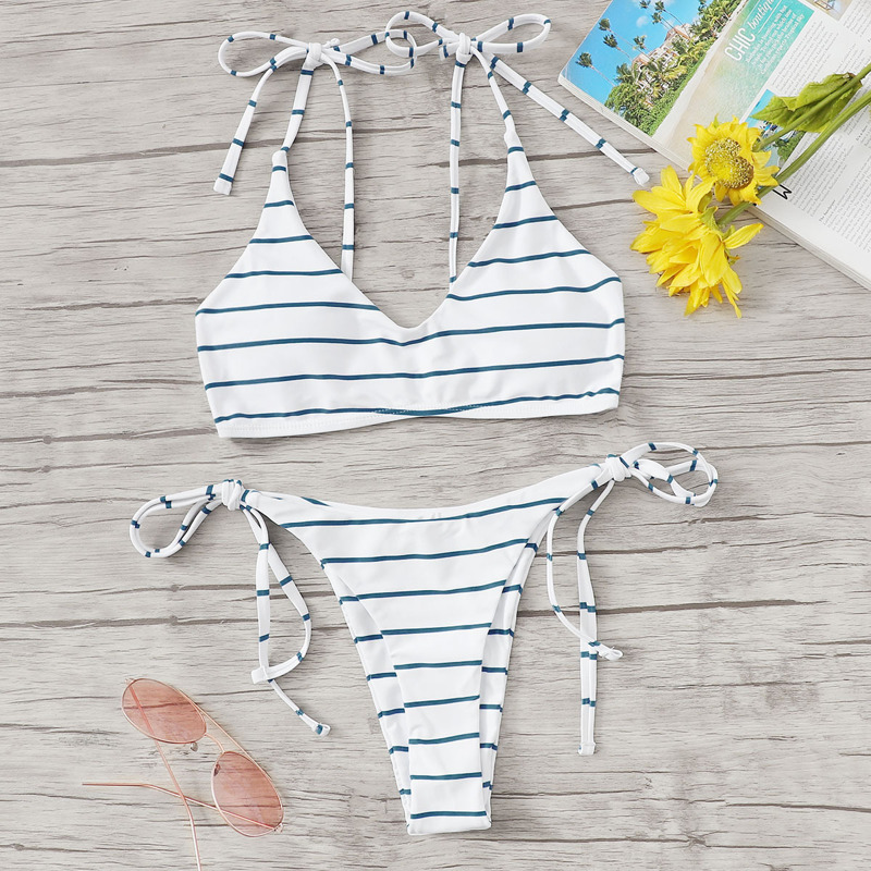 

Striped Tie Shoulder Top With Tie Side Bikini, Multicolor