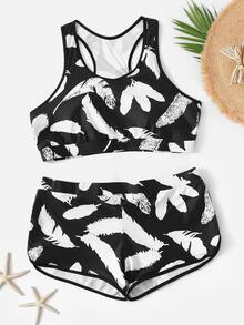 Plus Feather Print Racer Back Top With Shorts Bikini