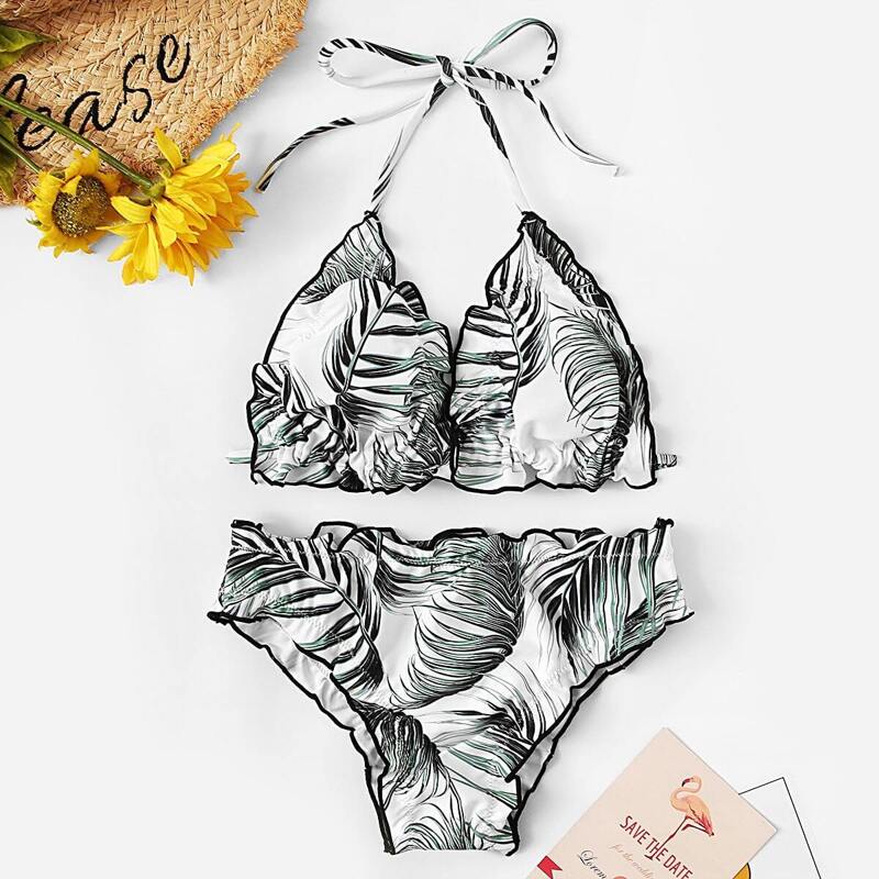 

Leaf Print Lettuce Trim Halter Bikini Set, Multicolor