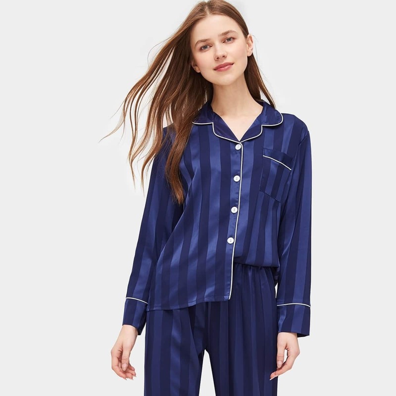 

Satin Contrast Binding Striped Pajama Set, Navy