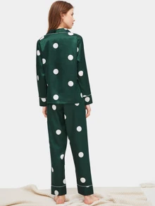 Polka Dot Satin Pyjama Set - Dark Green - View 2