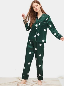 Polka Dot Satin Pyjama Set - Dark Green - View 3