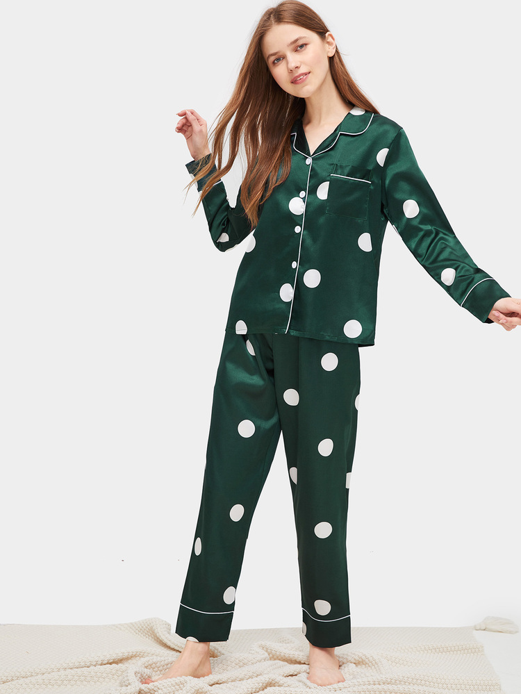 Polka Dot Satin Pyjama Set - Dark Green - View 3