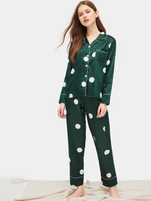Polka Dot Satin Pyjama Set - Dark Green - View 4
