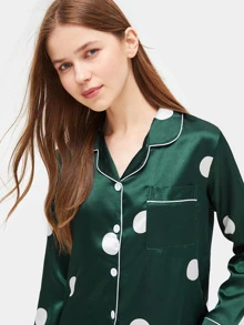 Polka Dot Satin Pyjama Set - Dark Green - View 5