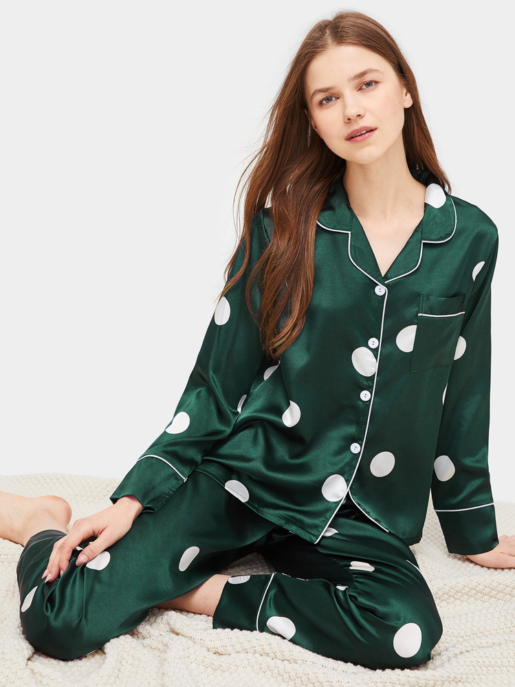 Polka Dot Satin Pyjama Set - Dark Green - View 1