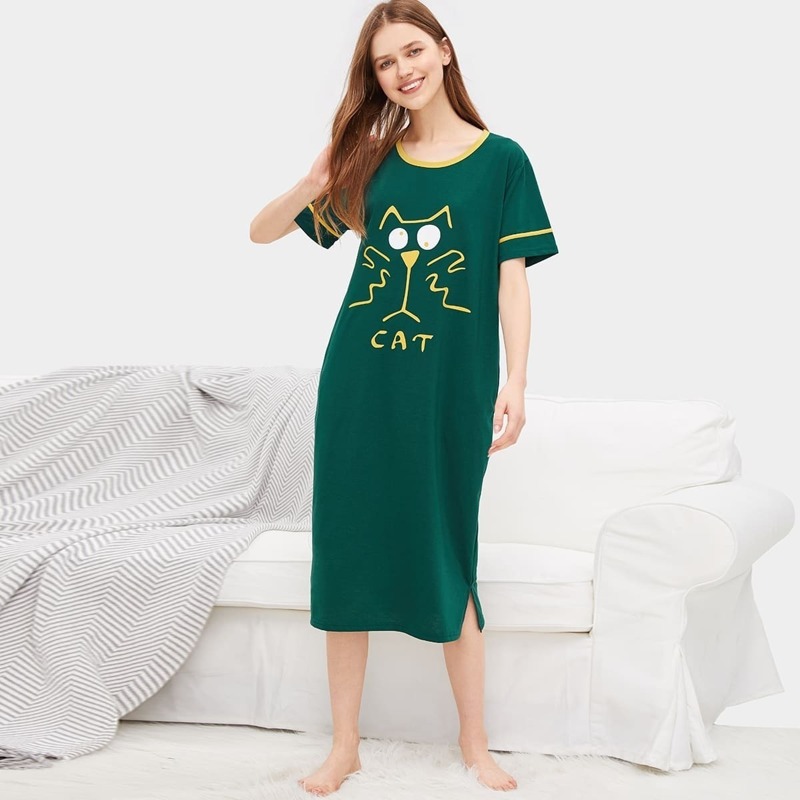 

Cat & Letter Graphic Night Dress, Green