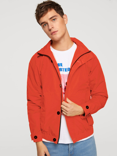 Men Zip and Button Placket Hoodie Jacket
