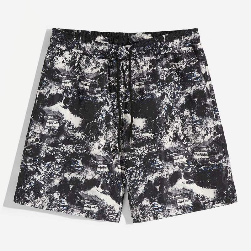 

Guys Drawstring Waist Landscape Painting Shorts, Black and white