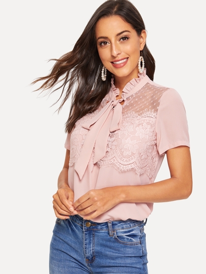Frilled Tie Neck Lace Applique Top pictures