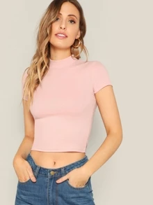 SHEIN Essnce Mock-neck Rib-knit Form Fitting Crop Tee - Baby Pink - View 1