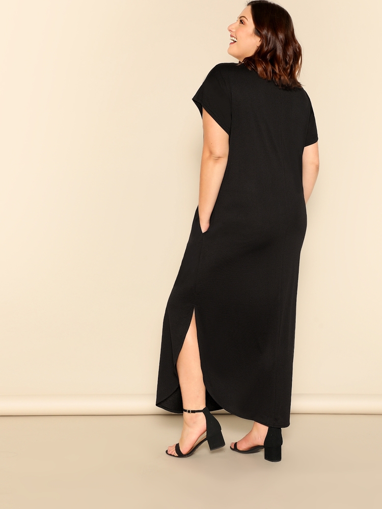 SHEIN Plus Size Slant Pocket M-Slit Hem Dress - Black - View 2