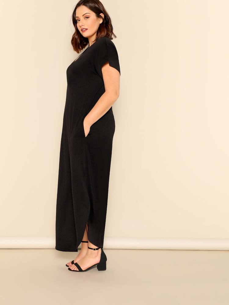 SHEIN Plus Size Slant Pocket M-Slit Hem Dress - Black - View 3