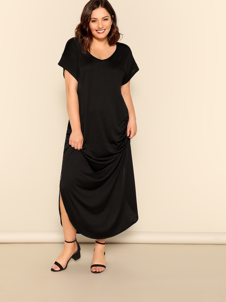 SHEIN Plus Size Slant Pocket M-Slit Hem Dress - Black - View 5