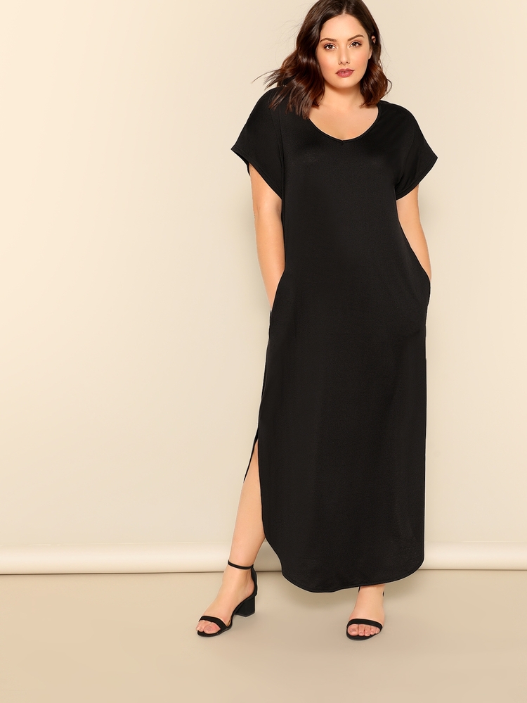 SHEIN Plus Size Slant Pocket M-Slit Hem Dress - Black - View 1