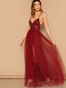 Sequin Top Tie Back Mesh Tulle Prom 