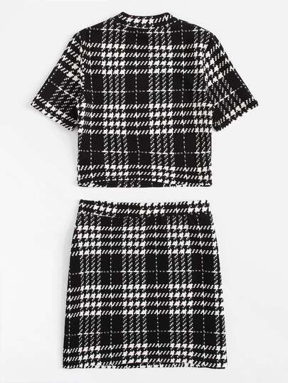 Conjunto top con estampado de houndstooth de cuello alto con falda