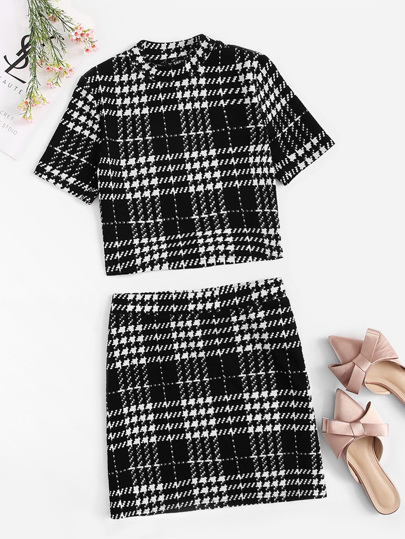 Conjunto top con estampado de houndstooth de cuello alto con falda
