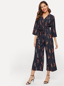 Self Tie Animal Print Striped Jumpsuit