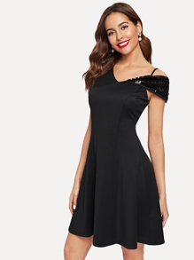 Asymmetric Neck Sequin Panel Skater Dress