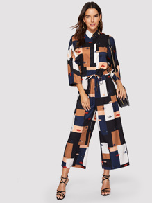 Lips & Eyes Print Patchwork Drawstring Jumpsuit