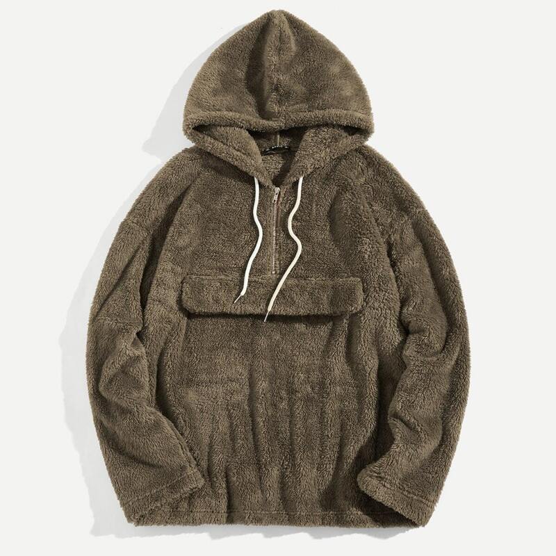 

Guys Zip Front Drawstring Hoodie Teddy Jacket, Army green